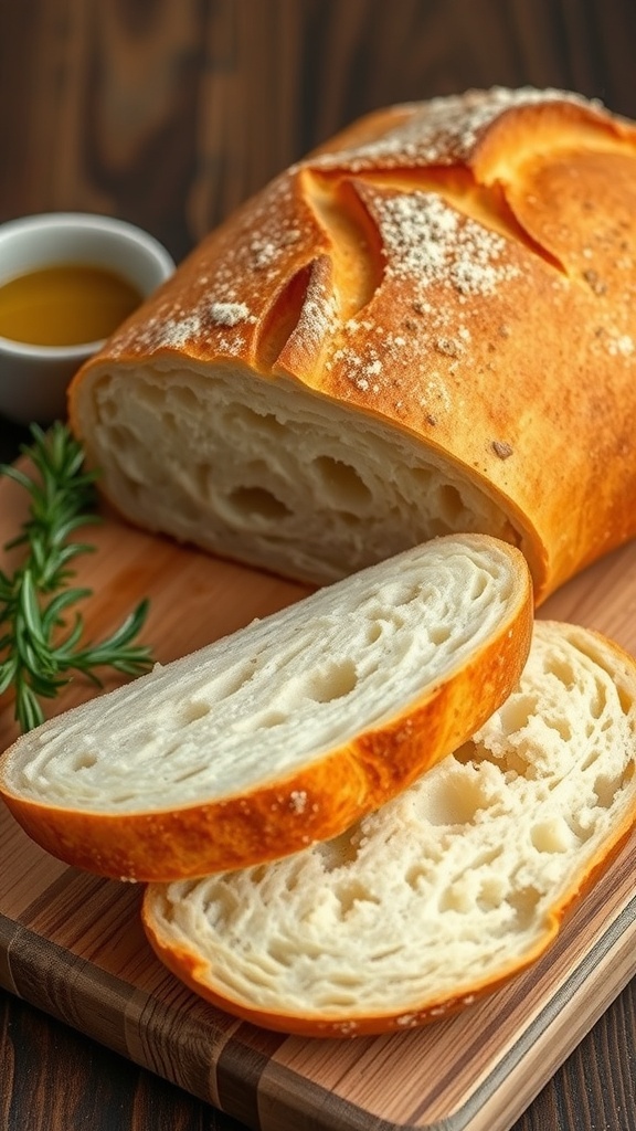 A freshly baked Italian bread loaf with a crispy crust, sliced to show the soft interior, on a wooden board with olive oil and rosemary.